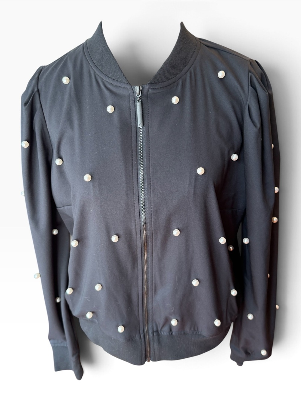 Black Label G by Giuliana Black Bomber Jacket with Pearl Studs